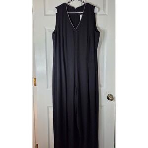 John Roberts Woman Black Rhinestone Trim V-Neck Jumpsuit Size 18W Wide Leg